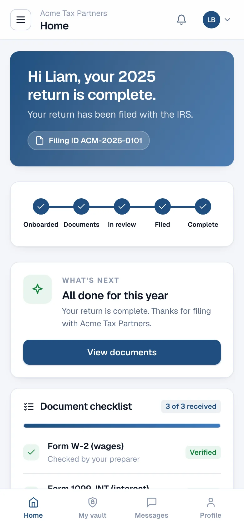 Client home screen on a phone